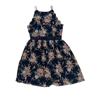 by & by Blue Floral Sleeveless High Neck Pleated Mini Dress Size 8 Women’s